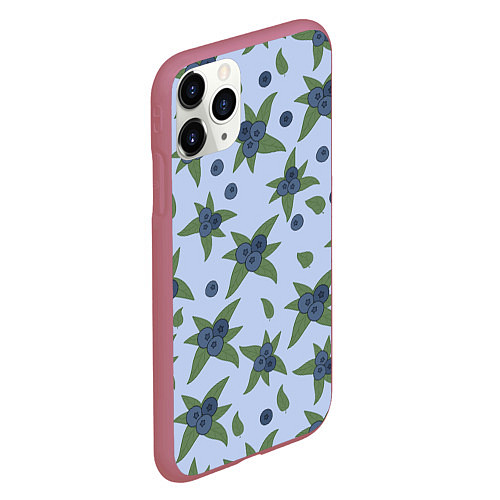 Чехол iPhone 11 Pro матовый Ягода - голубика на листьях / 3D-Малиновый – фото 2
