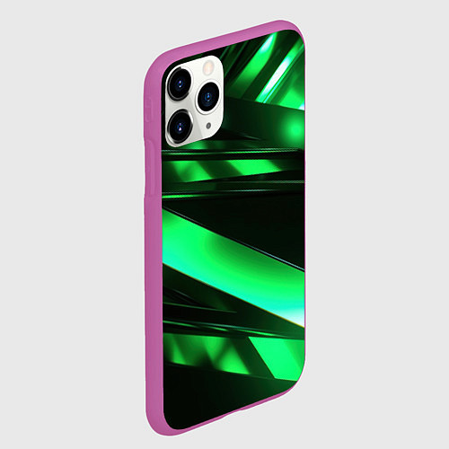 Чехол iPhone 11 Pro матовый Зеленая неоновая абстракция / 3D-Фиолетовый – фото 2