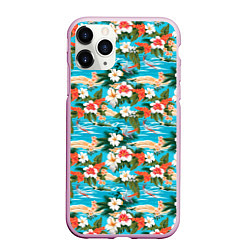 Чехол iPhone 11 Pro матовый Море цветы и птицы, цвет: 3D-розовый