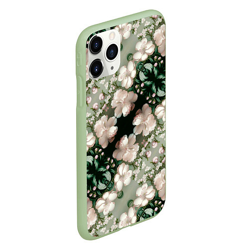 Чехол iPhone 11 Pro матовый Нежные розовые цветочки / 3D-Салатовый – фото 2
