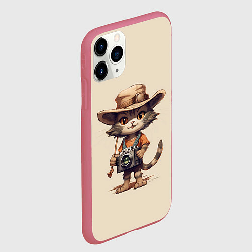 Чехол iPhone 11 Pro матовый Котенок в майке с фотоаппаратом / 3D-Малиновый – фото 2