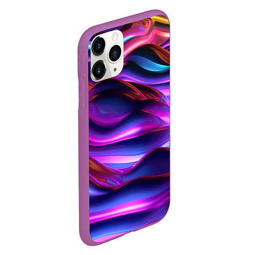 Чехол iPhone 11 Pro матовый Неоновые синие и фиолетовые волны / 3D-Фиолетовый – фото 2