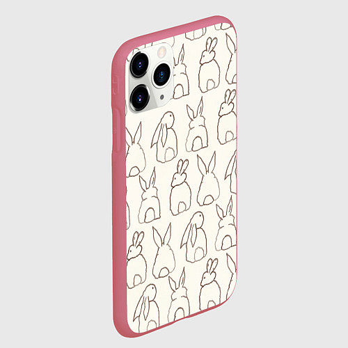 Чехол iPhone 11 Pro матовый Хвостики зайчиков - паттерн на молочном / 3D-Малиновый – фото 2
