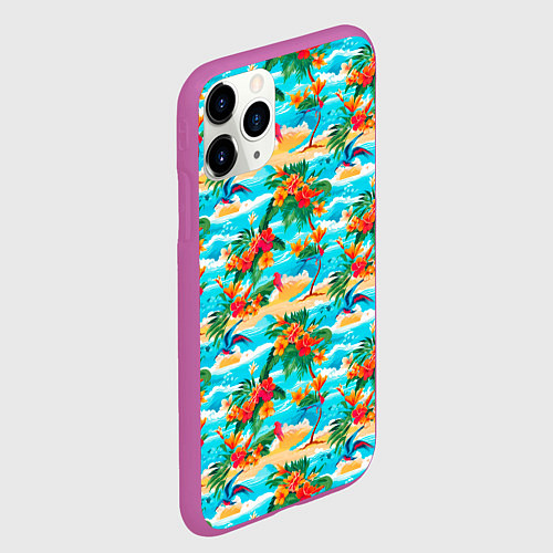 Чехол iPhone 11 Pro матовый Гавайский стиль море и цветы / 3D-Фиолетовый – фото 2