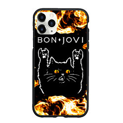 Чехол iPhone 11 Pro матовый Bon Jovi рок кот и огонь, цвет: 3D-черный