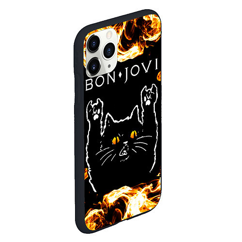 Чехол iPhone 11 Pro матовый Bon Jovi рок кот и огонь / 3D-Черный – фото 2