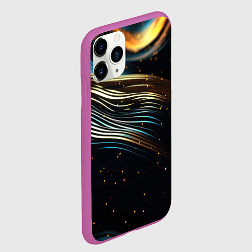Чехол iPhone 11 Pro матовый Золотые волны на черном фоне / 3D-Фиолетовый – фото 2