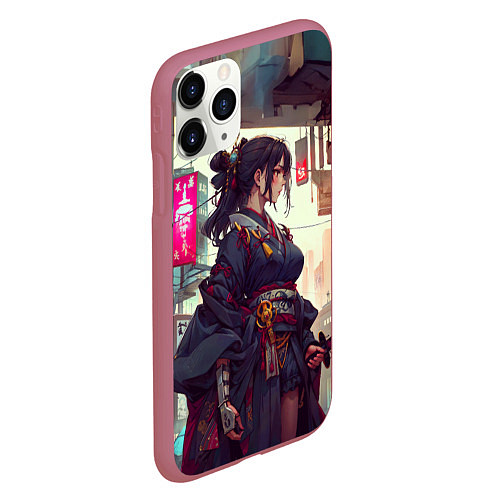 Чехол iPhone 11 Pro матовый Кибер самурай девушка / 3D-Малиновый – фото 2