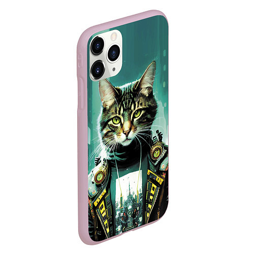 Чехол iPhone 11 Pro матовый Funny cat on the background of skyscrapers / 3D-Розовый – фото 2