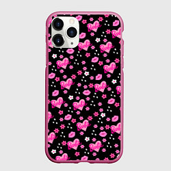 Чехол iPhone 11 Pro матовый Черный фон, барби и цветы, цвет: 3D-малиновый