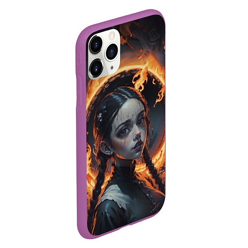 Чехол iPhone 11 Pro матовый Готическая девушка с двумя косами в огненном круге / 3D-Фиолетовый – фото 2