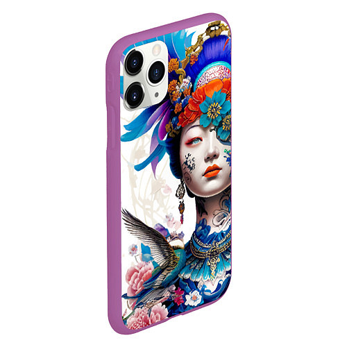 Чехол iPhone 11 Pro матовый Japanese girl - irezumi - tattoo / 3D-Фиолетовый – фото 2