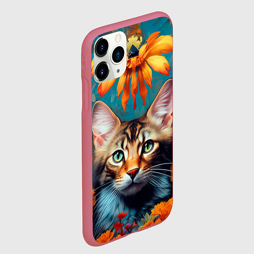 Чехол iPhone 11 Pro матовый Дикая кошка в цветах / 3D-Малиновый – фото 2