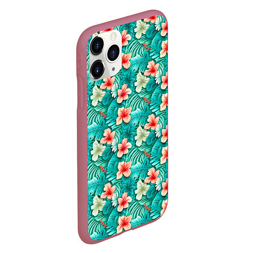 Чехол iPhone 11 Pro матовый Летние цветочки паттерн / 3D-Малиновый – фото 2