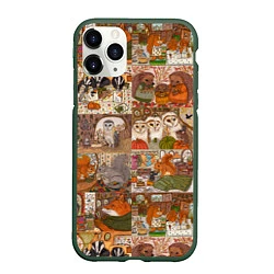 Чехол iPhone 11 Pro матовый Коллаж из сказочных зверей - совы, белки, ёжики, цвет: 3D-темно-зеленый