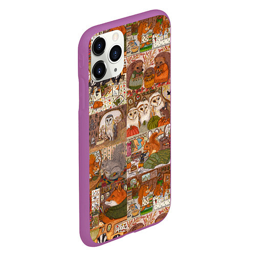 Чехол iPhone 11 Pro матовый Коллаж из сказочных зверей - совы, белки, ёжики / 3D-Фиолетовый – фото 2