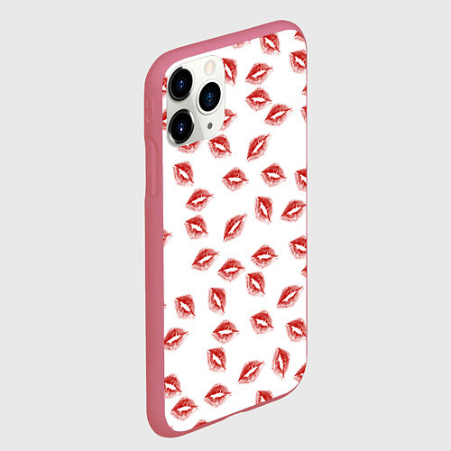 Чехол iPhone 11 Pro матовый Поцелуи - паттерн / 3D-Малиновый – фото 2