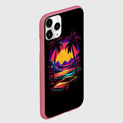 Чехол iPhone 11 Pro матовый Неоновая машина и пальмы, цвет: 3D-малиновый — фото 2