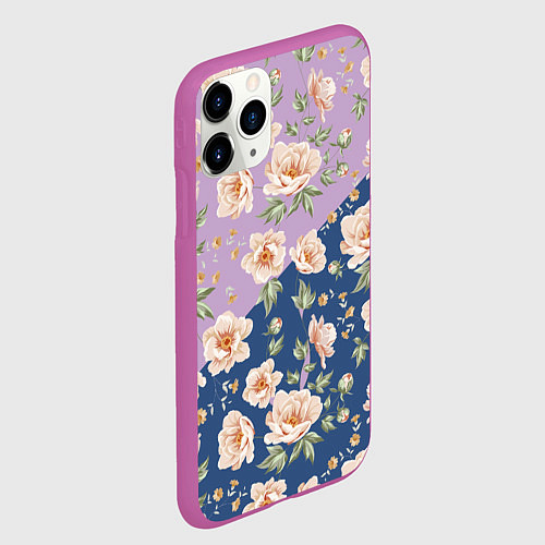 Чехол iPhone 11 Pro матовый Розовые пионы паттерн / 3D-Фиолетовый – фото 2