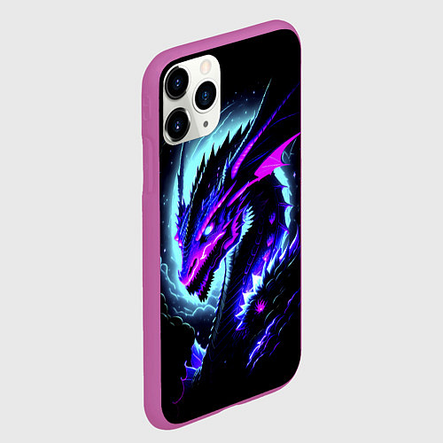 Чехол iPhone 11 Pro матовый Морда дракона - неоновое свечение / 3D-Фиолетовый – фото 2