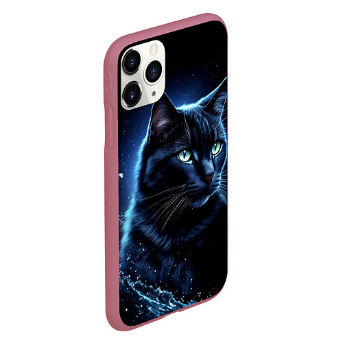 Чехол iPhone 11 Pro матовый Черный кот - брызги воды / 3D-Малиновый – фото 2