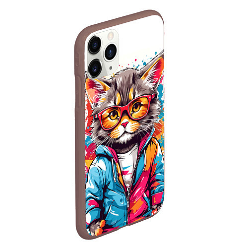 Чехол iPhone 11 Pro матовый Котик в очках - брызги красок / 3D-Коричневый – фото 2