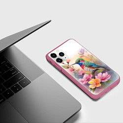 Чехол iPhone 11 Pro матовый Колибри и цветы - акварель, цвет: 3D-малиновый — фото 2