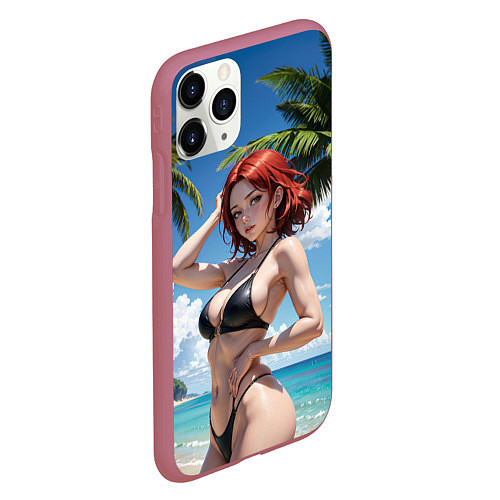 Чехол iPhone 11 Pro матовый Девушка с рыжими волосами на пляже / 3D-Малиновый – фото 2