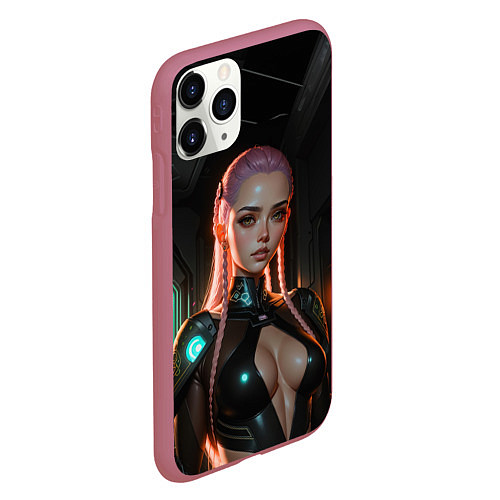 Чехол iPhone 11 Pro матовый Красивая девушка киберпанк / 3D-Малиновый – фото 2