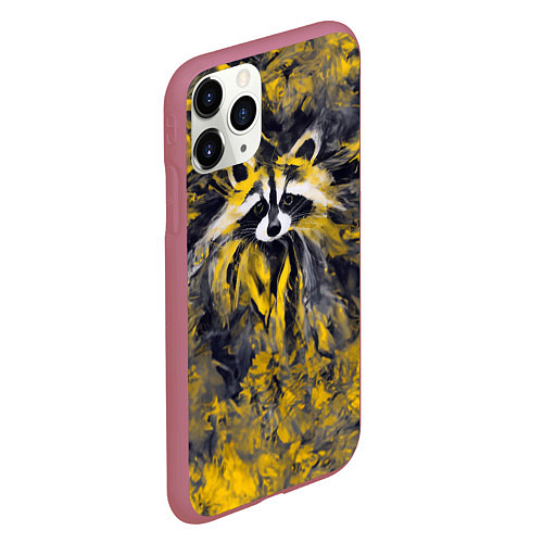 Чехол iPhone 11 Pro матовый Абстрактный желтый енот в стиле арт / 3D-Малиновый – фото 2