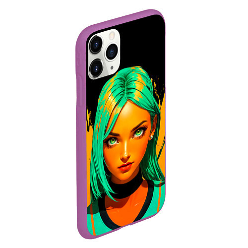 Чехол iPhone 11 Pro матовый Девушка с аквамариновыми волосами с жёлтой краской / 3D-Фиолетовый – фото 2