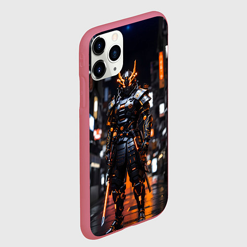 Чехол iPhone 11 Pro матовый Кибер робот самурай от нейросети / 3D-Малиновый – фото 2