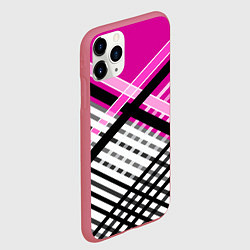 Чехол iPhone 11 Pro матовый Черно-белые косые переплетенные полосы на малиново, цвет: 3D-малиновый — фото 2