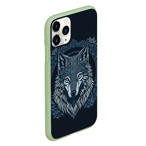 Чехол iPhone 11 Pro матовый Волк, векторный орнаментализм / 3D-Салатовый – фото 2