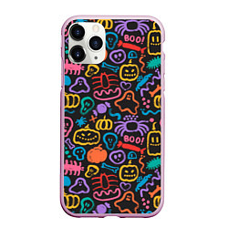 Чехол iPhone 11 Pro матовый Halloween colorful pumpkins, ghosts, spiders, цвет: 3D-розовый