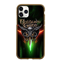 Чехол iPhone 11 Pro матовый Baldurs Gate 3 logo green red light, цвет: 3D-коричневый