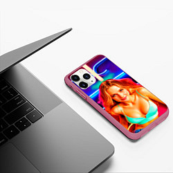 Чехол iPhone 11 Pro матовый Девушка на фоне неонового логотипа, цвет: 3D-малиновый — фото 2