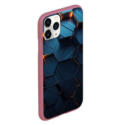 Чехол iPhone 11 Pro матовый Синие объемные плиты с оранжевыми вставками / 3D-Малиновый – фото 2