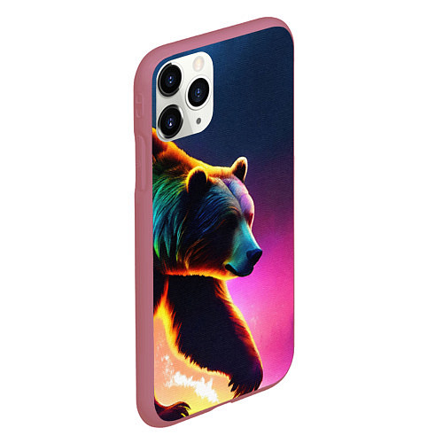 Чехол iPhone 11 Pro матовый Неоновый светящийся медведь гризли / 3D-Малиновый – фото 2