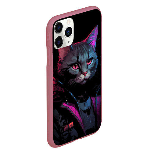 Чехол iPhone 11 Pro матовый Кот в стиле киберпанк / 3D-Малиновый – фото 2