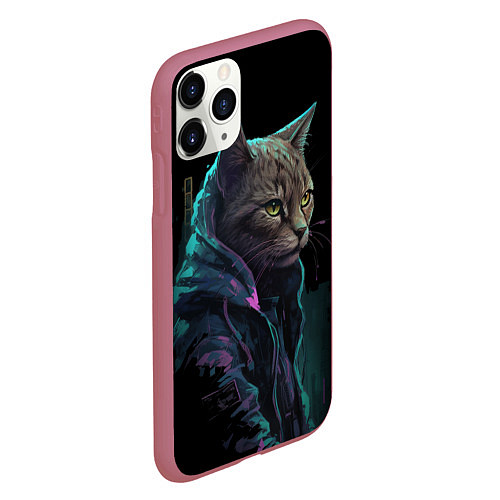 Чехол iPhone 11 Pro матовый Кот киберпанк / 3D-Малиновый – фото 2