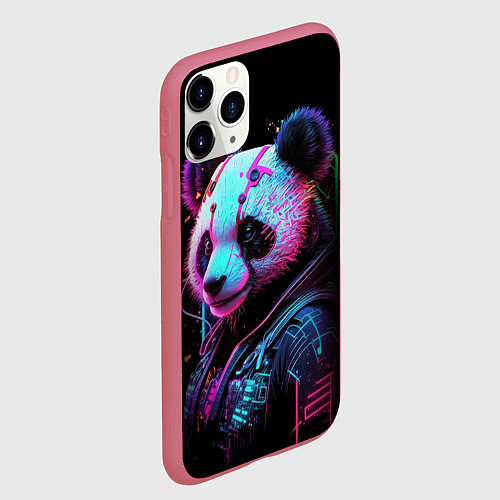 Чехол iPhone 11 Pro матовый Панда в красках киберпанк / 3D-Малиновый – фото 2
