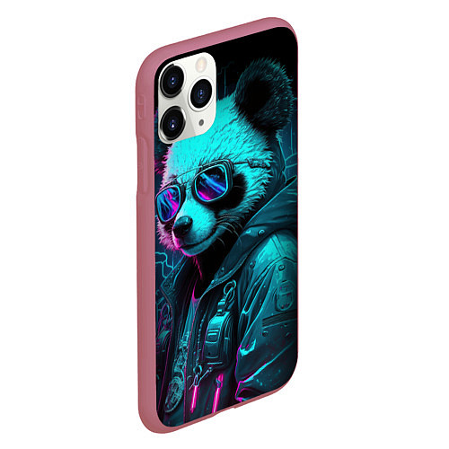 Чехол iPhone 11 Pro матовый Панда в стиле киберпанк / 3D-Малиновый – фото 2