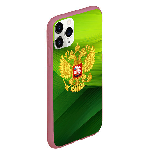 Чехол iPhone 11 Pro матовый Золотистый герб России на зеленом фоне / 3D-Малиновый – фото 2