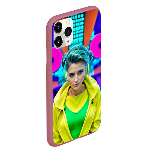 Чехол iPhone 11 Pro матовый Девушка в жёлтой куртке и наушниках / 3D-Малиновый – фото 2