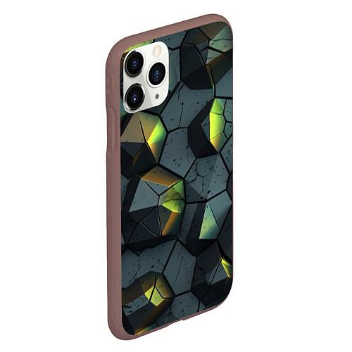 Чехол iPhone 11 Pro матовый Черная текстура с зелеными камнями / 3D-Коричневый – фото 2