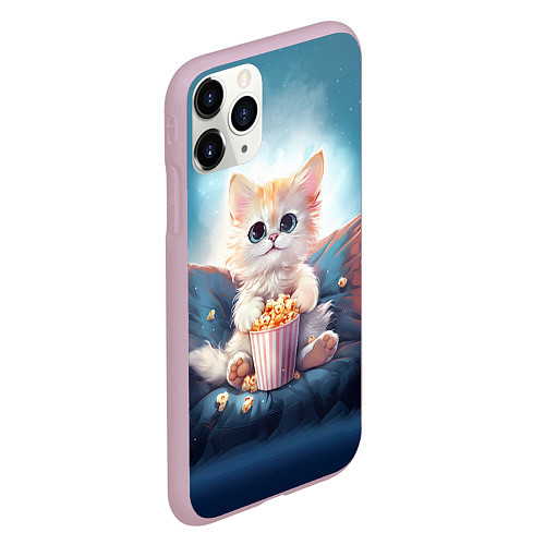 Чехол iPhone 11 Pro матовый Белый котик с попкорном / 3D-Розовый – фото 2