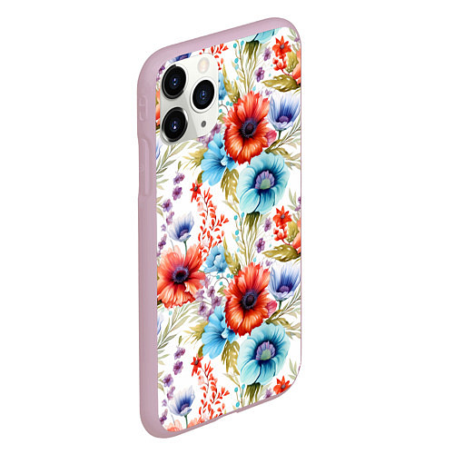 Чехол iPhone 11 Pro матовый Синие и красные маки на белом - паттерн / 3D-Розовый – фото 2