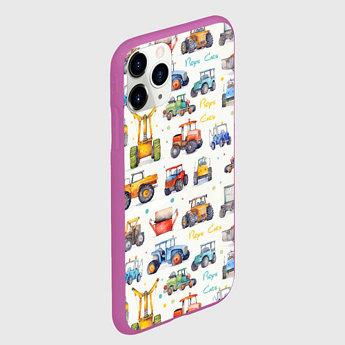 Чехол iPhone 11 Pro матовый Акварельные тракторы - детский паттерн / 3D-Фиолетовый – фото 2