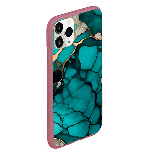 Чехол iPhone 11 Pro матовый Зеленый мрамор с золотыми прожилками / 3D-Малиновый – фото 2